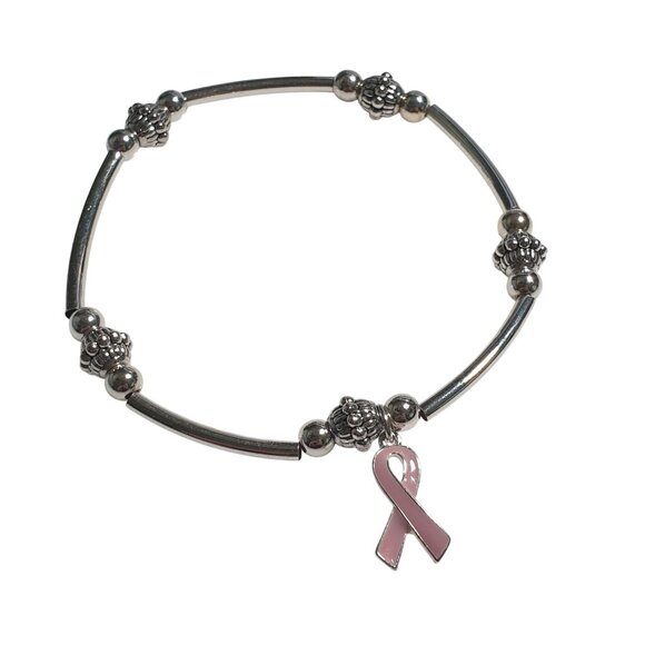 Pink Ribbon Awareness Charm Bracelet Silver Bead Women Stretch Design Jewelry - Picture 1 of 4